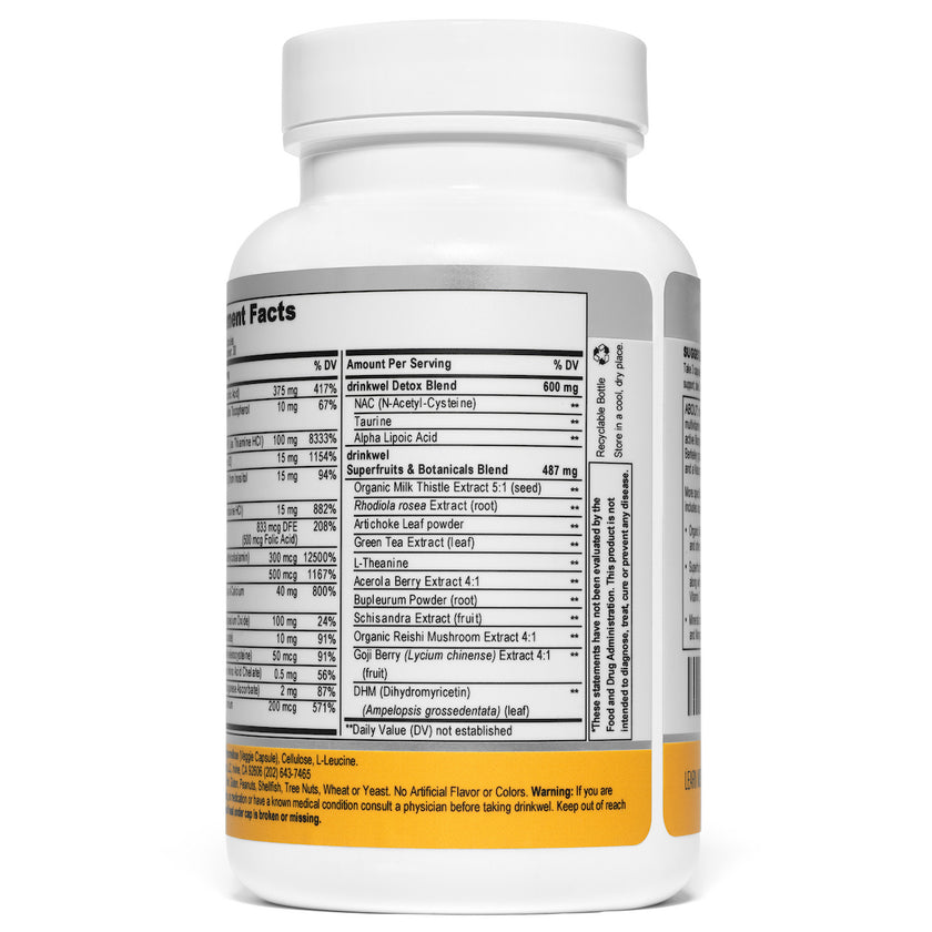 Drinkwel 90 supplement facts panel showing 3 capsule servings and 30 servings per bottle.
