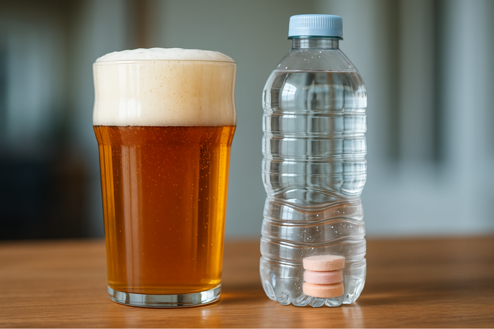 Glass of beer next to a water bottle with electrolyte tablets showing alcohol and electrolytes balance.