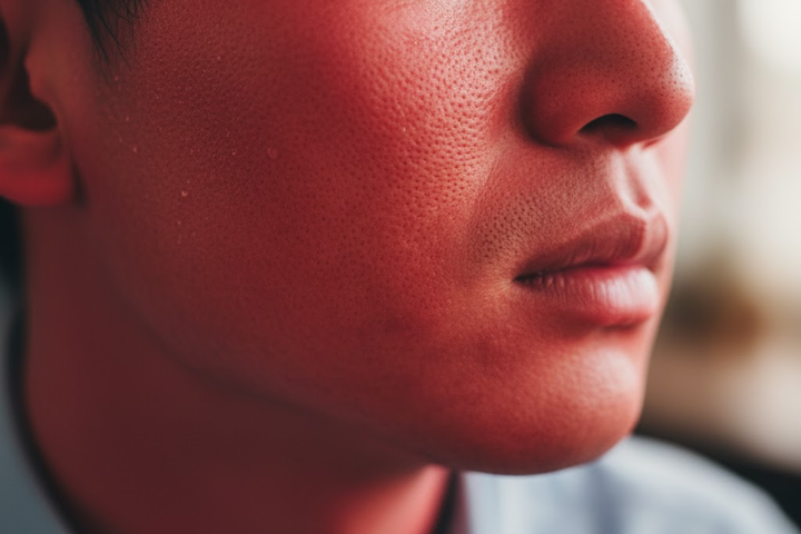Close-up of facial redness showing alcohol flush reaction after drinking.