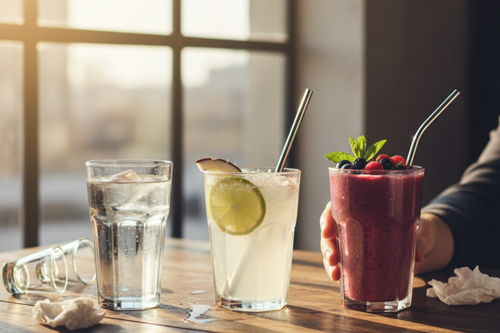 A glass of water, coconut water, and a fruit smoothie on a wooden table with sunlight.