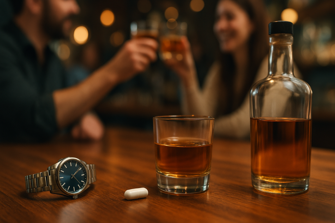Electrolyte capsule next to glass of alcohol at a bar