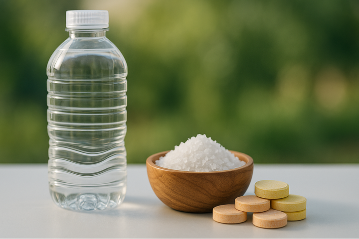 Water bottle with salt and supplement tablets, electrolytes taste salty from sodium balance