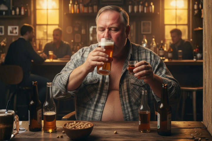 A man drinking a large glass of beer and holding a shot in a dimly lit bar, illustrating a pattern of heavy or frequent alcohol consumption.
