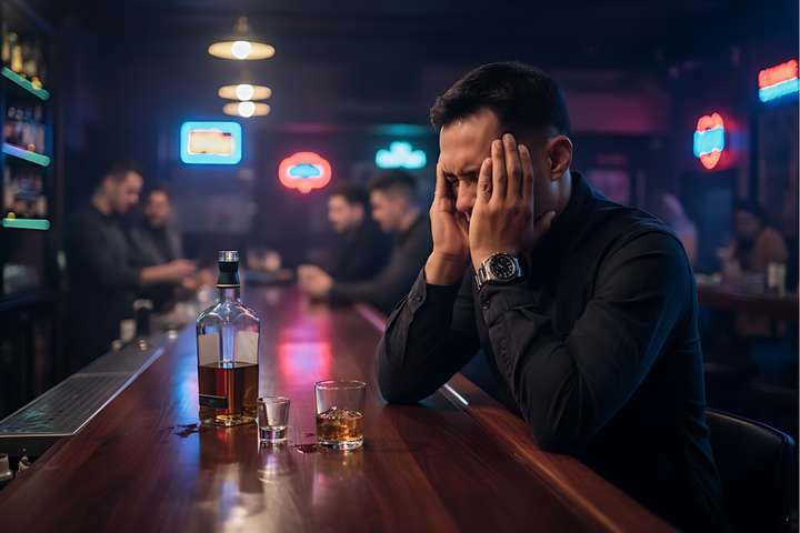 Man with his head in his hands at a bar counter with a bottle and glass of whiskey, illustrating post-drinking anxiety or hangxiety.