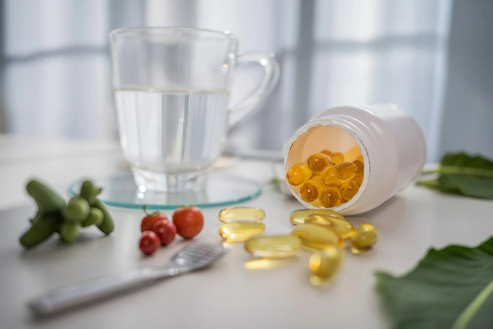 Vitamins and supplements on a table with a glass of water.