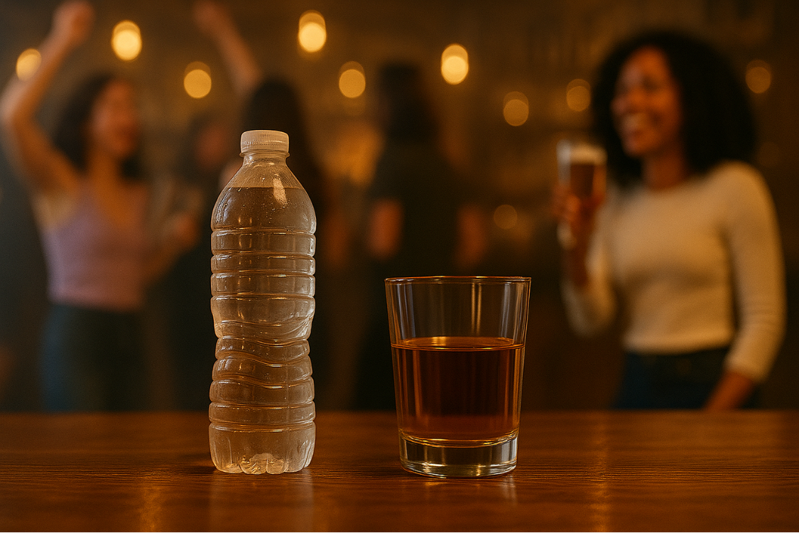 Water bottle and alcohol glass showing contrast in signs of dehydration after drinking