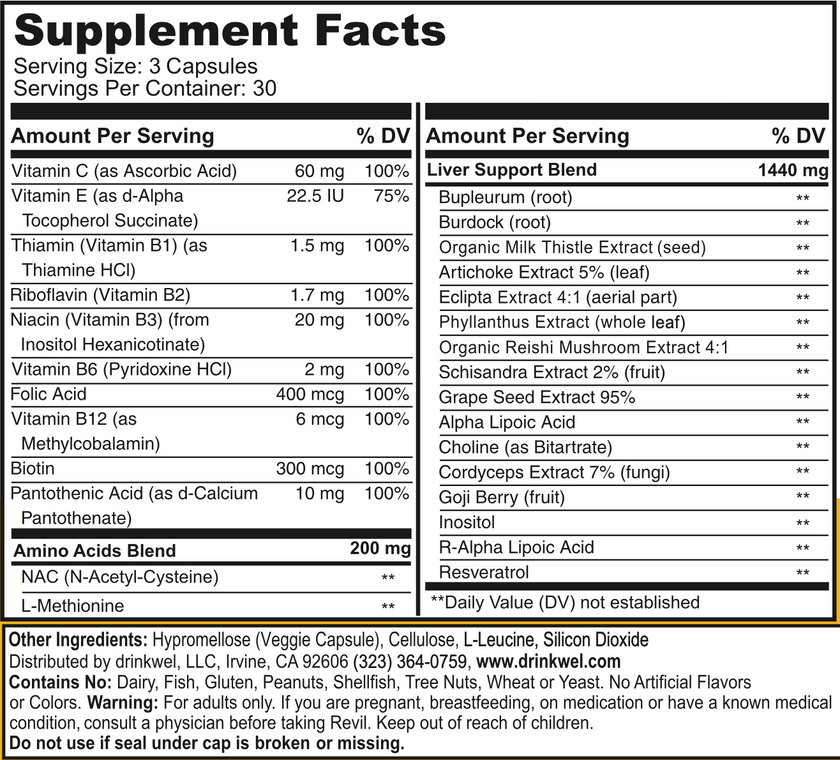 Revil supplement facts panel showing a 3 capsule serving and 30 servings per bottle.
