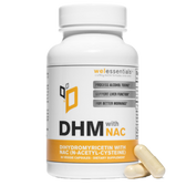 DHM with NAC bottle with a capsule on a yellow background.