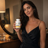 A woman getting ready for an evening out holds a bottle of DHM with NAC, a glass of water on the dresser.