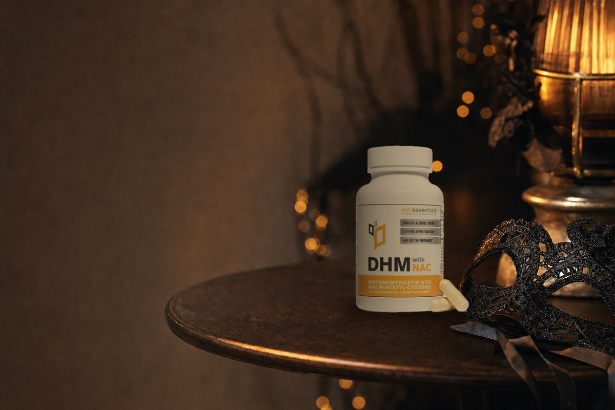 DHM with NAC bottle on a dark round table in warm evening lamp light, beside a black lace mask.