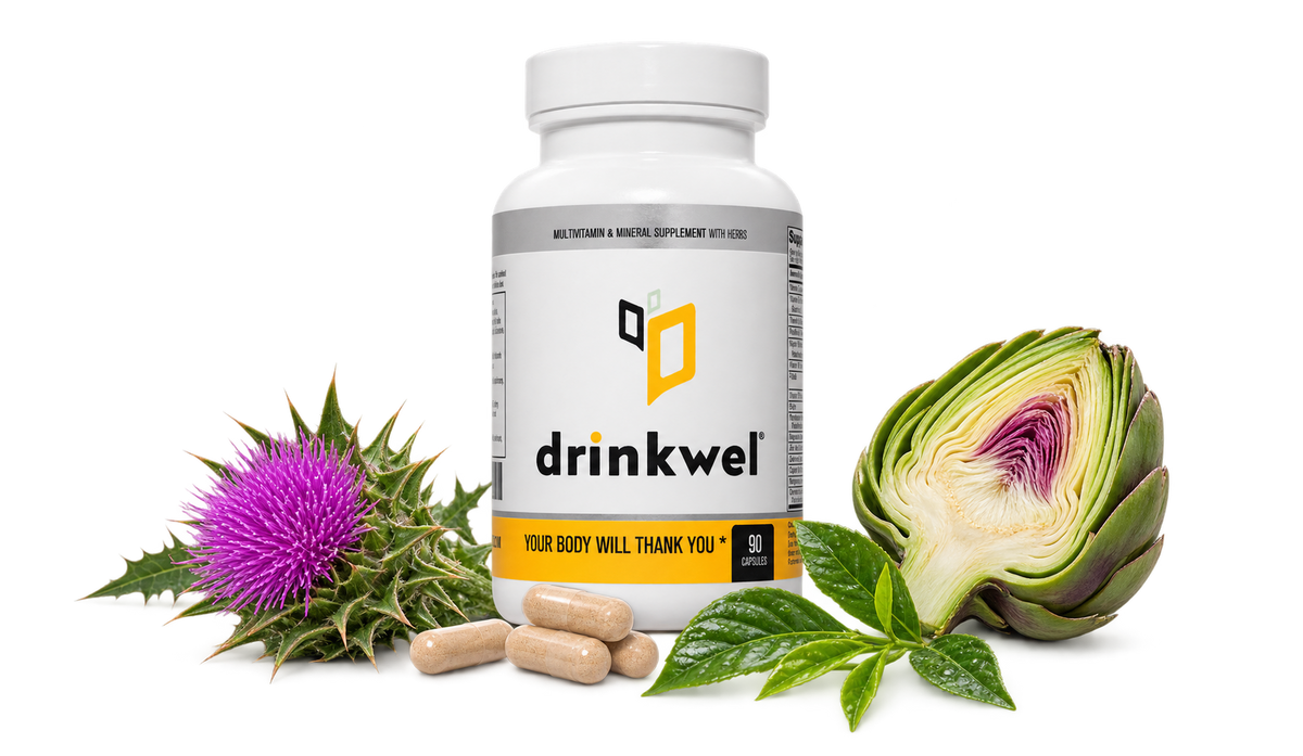 Drinkwel 90 bottle on a yellow backdrop with capsules, milk thistle flower and goji berries.