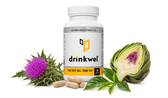 Drinkwel 90 bottle on a yellow backdrop with capsules, milk thistle flower and goji berries.