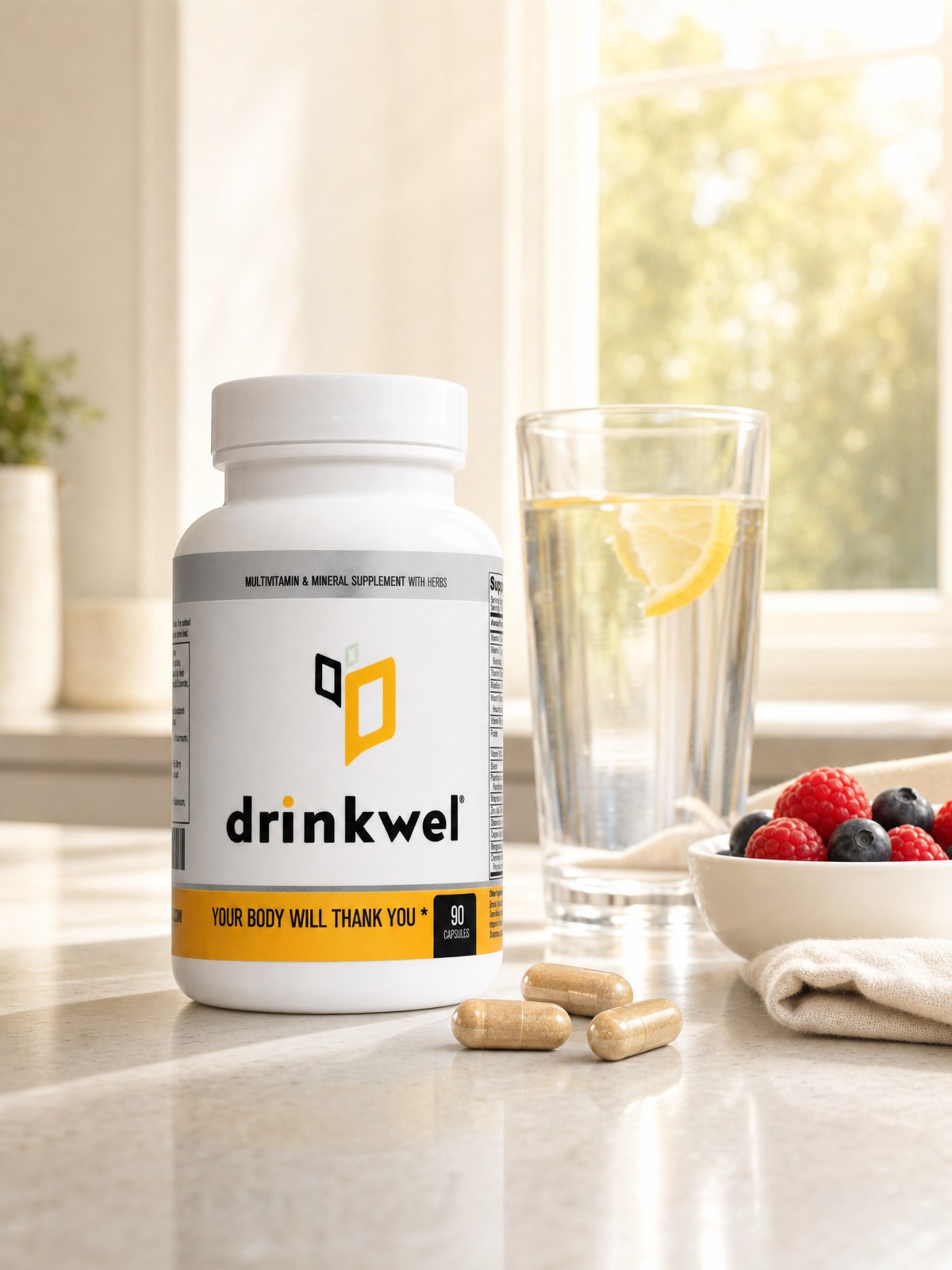 Two groups of three Drinkwel 90 capsules beside a dinner plate and a bedside glass of water.