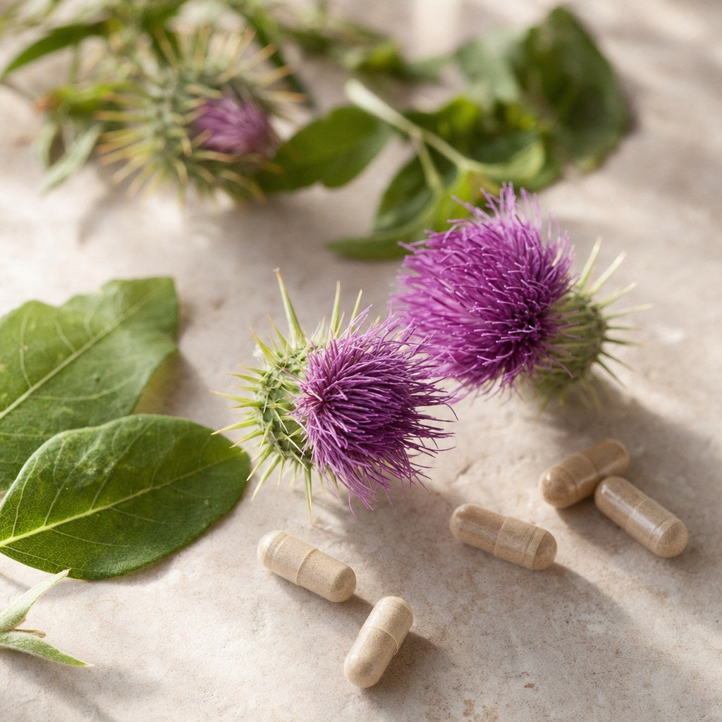Milk thistle flowers and leaves with capsules on a light stone surface.