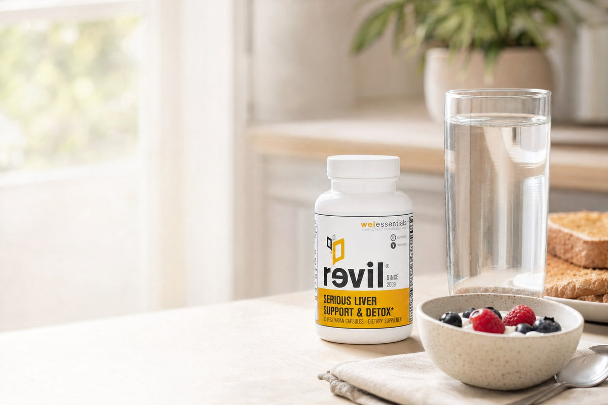 Three Revil capsules beside a breakfast plate and a glass of water in morning light.