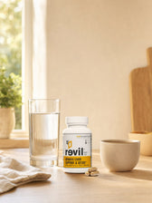 A woman at a sunlit kitchen counter with her Revil bottle, coffee and water.