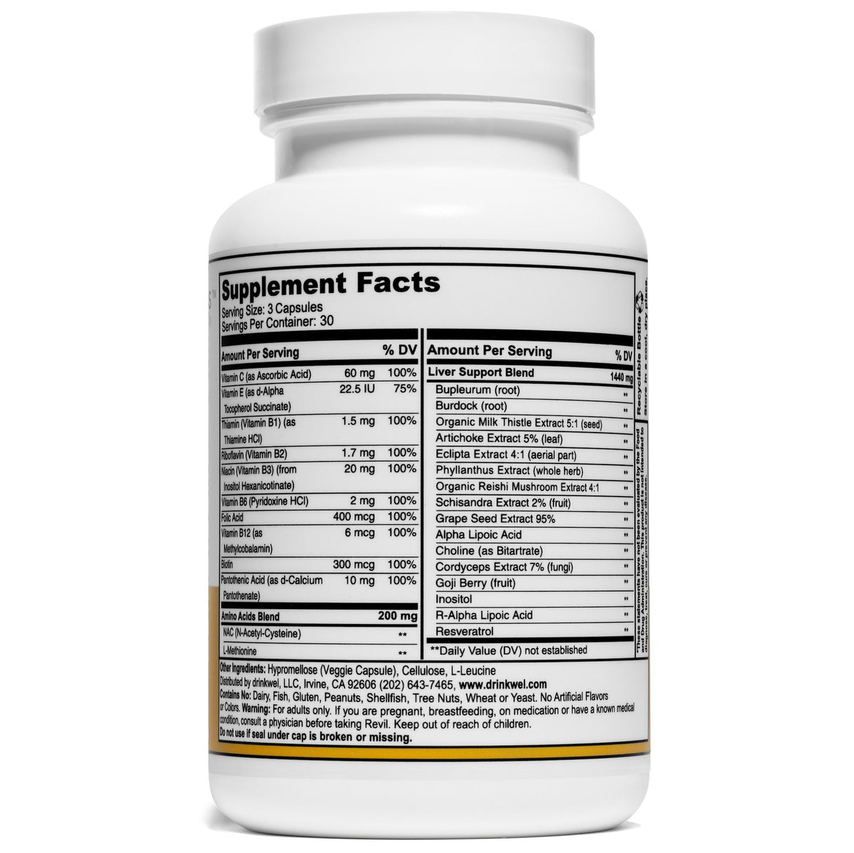 Revil supplement facts panel showing a 3 capsule serving and 30 servings per bottle.